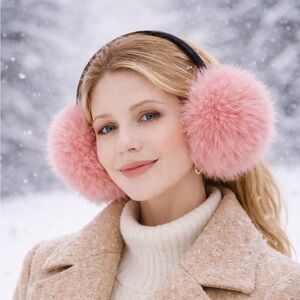 Genuine Fox Fur Earmuffs – Pink Color Foldable | Velvet Band